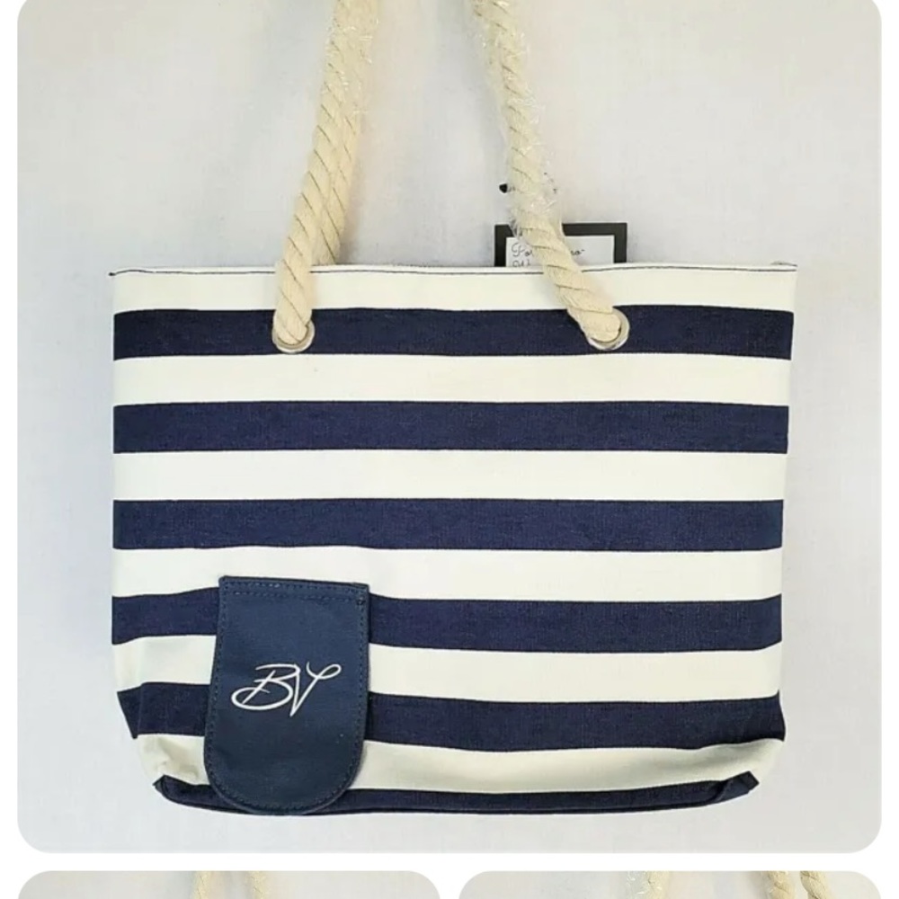 NWT Porto Vino Blue Stripe Canvas Wine Tote Beach Bag